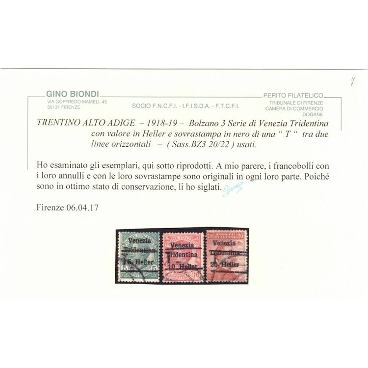 TRENTINO (BZ3) 1918-19 Venezia Tridentina (T senza cifra) 3v us ©