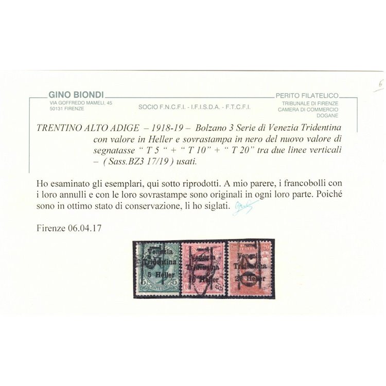 TRENTINO (BZ3) 1918-19 Venezia Tridentina (T con cifra verticale) 3v us ©