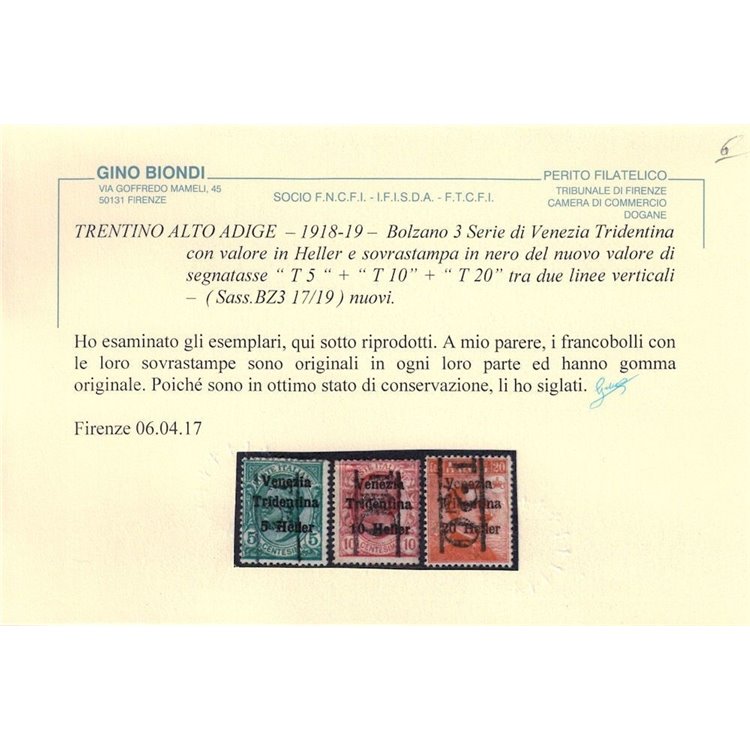 TRENTINO (BZ3) 1918-19 Venezia Tridentina (T con cifra verticale) 3v MH* ©