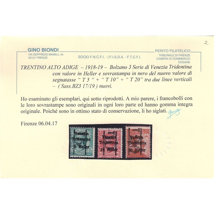 TRENTINO (BZ3) 1918-19 Venezia Tridentina (T con cifra verticale) 3v MNH** ©