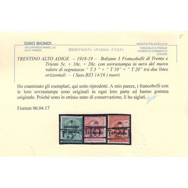 TRENTINO (BZ3) 1918-19 Trento e Trieste (T con cifra) 3v MH* ©