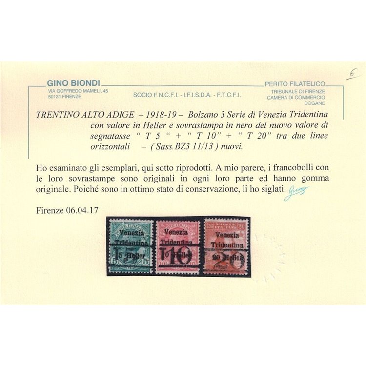 TRENTINO (BZ3) 1918-19 Venezia Tridentina (T con cifra orizzontale) 3v MH* ©