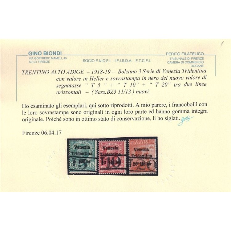 TRENTINO (BZ3) 1918-19 Venezia Tridentina (T con cifra orizzontale) 3v MNH** ©