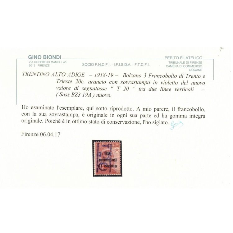 TRENTINO (BZ3) 1918-19 Trento e Trieste 20c (T con cifra verticale violetto) MNH** ©