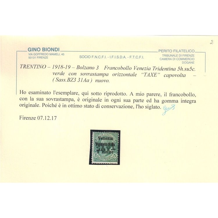 TRENTINO (BZ3) 1918-19 Venezia Tridentina Varietà 5h (TAXE capovolta) MNH** ©
