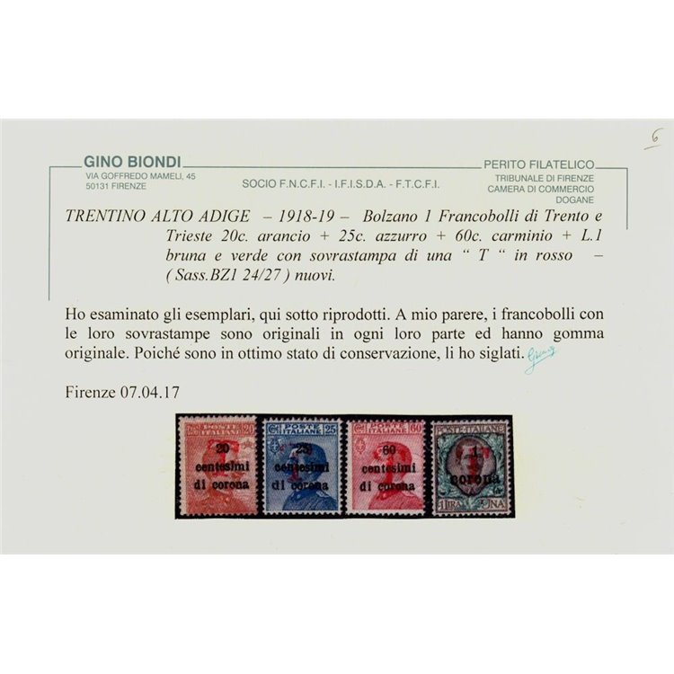 TRENTINO (BZ1) 1918-19 Trento e Trieste (T in rosso) 8v MH* ©