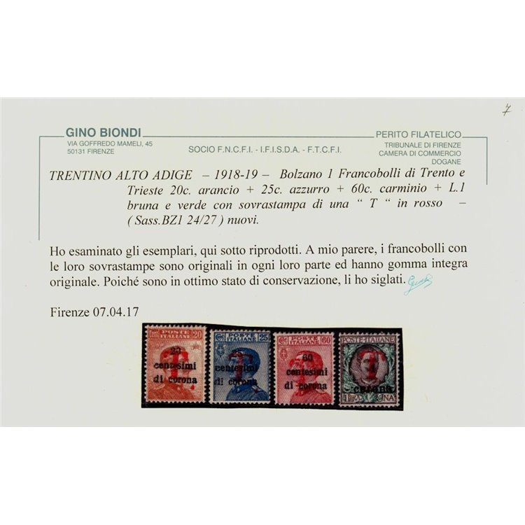 TRENTINO (BZ1) 1918-19 Trento e Trieste (T in rosso) 8v MNH** ©