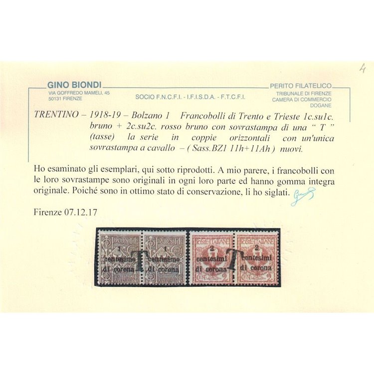 TRENTINO (BZ1) 1918-19 Trento e Trieste (Varietà) soprastampa T a cavallo 2v MNH** ©