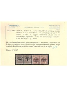 TRENTINO (BZ1) 1918-19 Trento e Trieste (Varietà) soprast. T capov. + coric. 2v MNH** ©