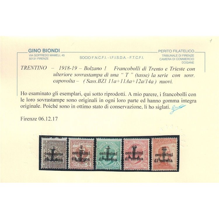 TRENTINO (BZ1) 1918-19 Trento e Trieste (Varietà) soprast. T capov. 5v MNH** ©