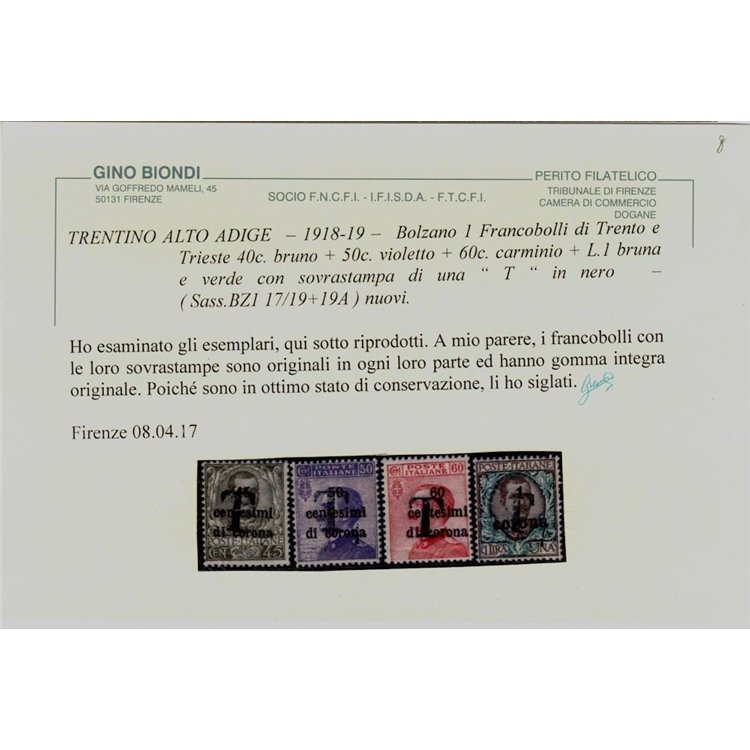 TRENTINO (BZ1) 1918-19 Trento e Trieste (T in nero) 11v MNH** ©