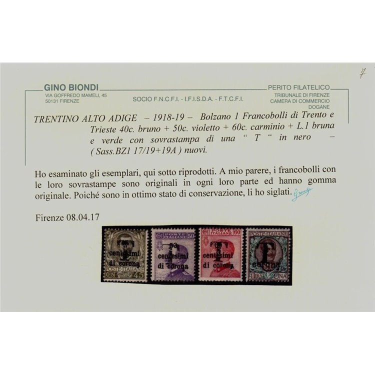 TRENTINO (BZ1) 1918-19 Trento e Trieste (T in nero) 11v MH* ©