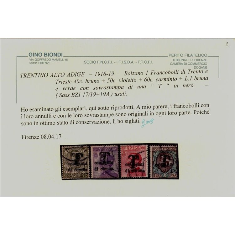 TRENTINO (BZ1) 1918-19 Trento e Trieste (T in nero) 11v us ©