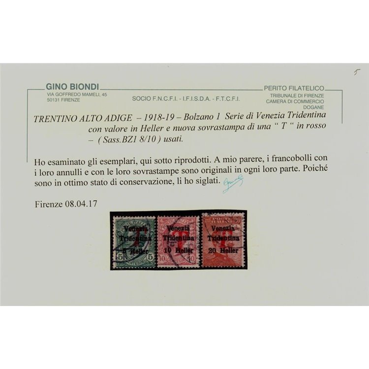 TRENTINO (BZ1) 1918-19 Venezia Tridentina (T in rosso) 3v us ©