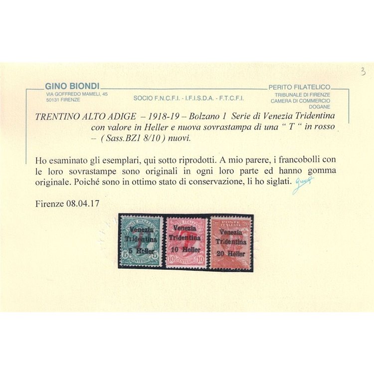 TRENTINO (BZ1) 1918-19 Venezia Tridentina (T in rosso) 3v MH* ©