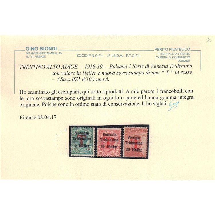 TRENTINO (BZ1) 1918-19 Venezia Tridentina (T in rosso) 3v MNH** ©