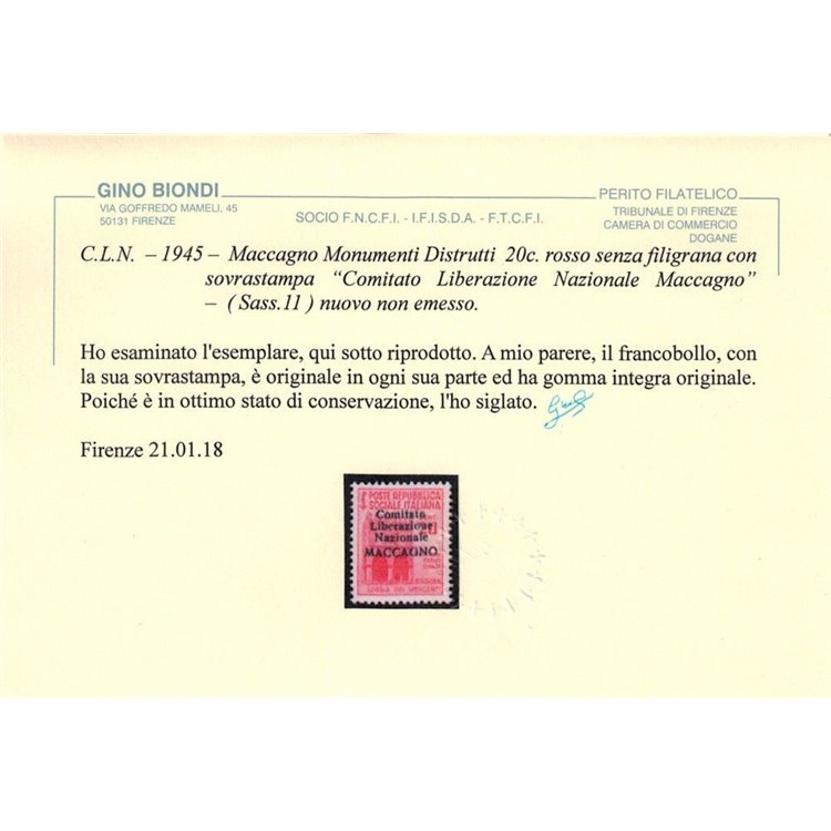 MACCAGNO 1945 Monumenti distrutti 20c rosa (non emesso) MNH** ©