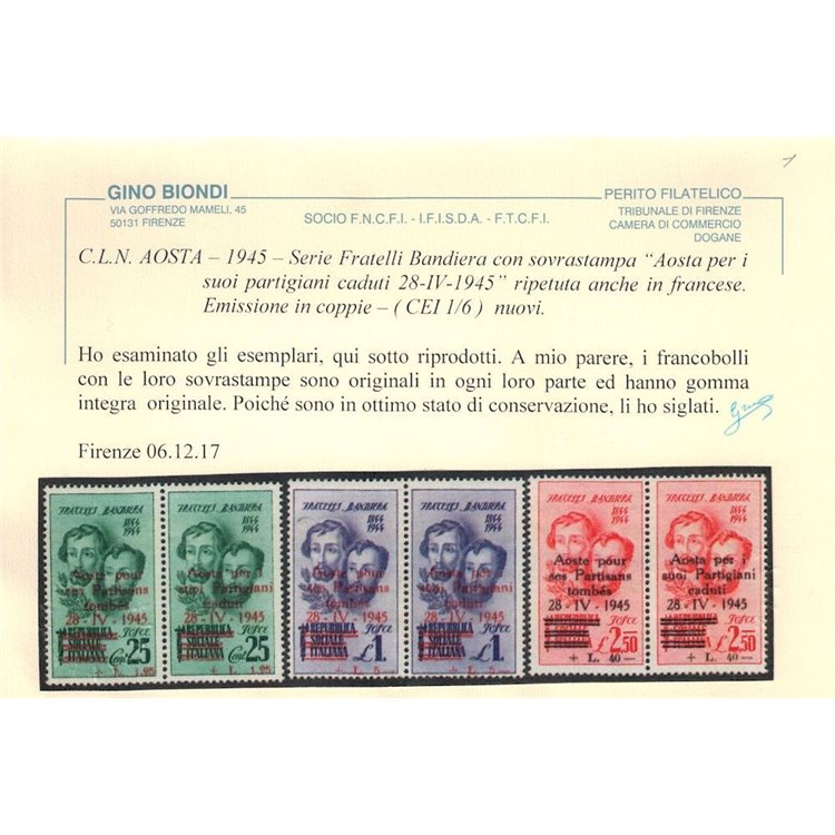 AOSTA 1945 Fratelli Bandiera soprastampati 6v MNH** ©