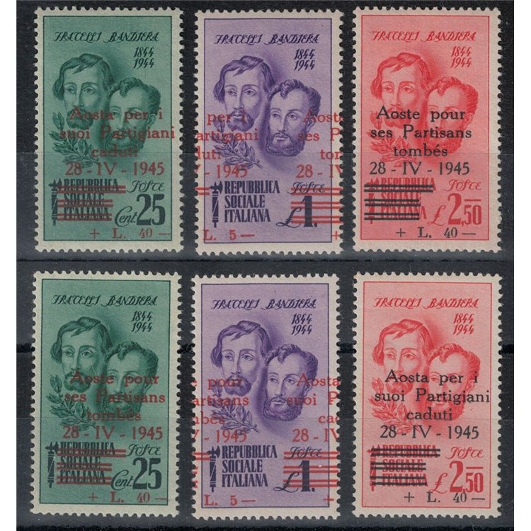 AOSTA 1945 Variety Fratelli Bandiera (overprint strong moved) 6v MNH** ©