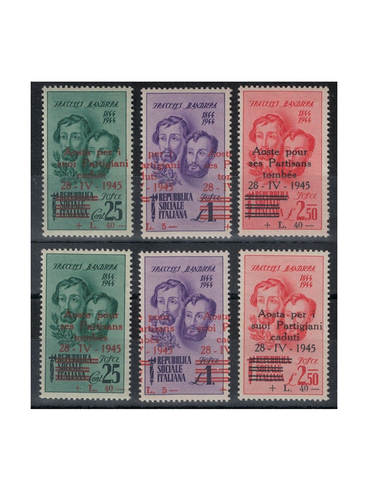 AOSTA 1945 Varietà Fratelli Bandiera (soprastampa fort. spostata) 6v MNH** ©