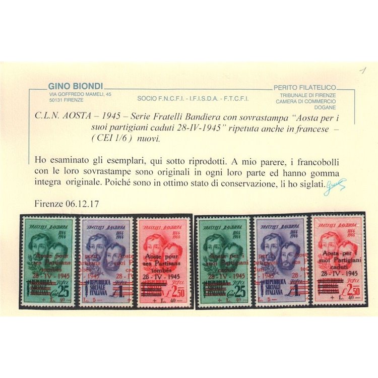 AOSTA 1945 Varietà Fratelli Bandiera (soprastampa fort. spostata) 6v MNH** ©