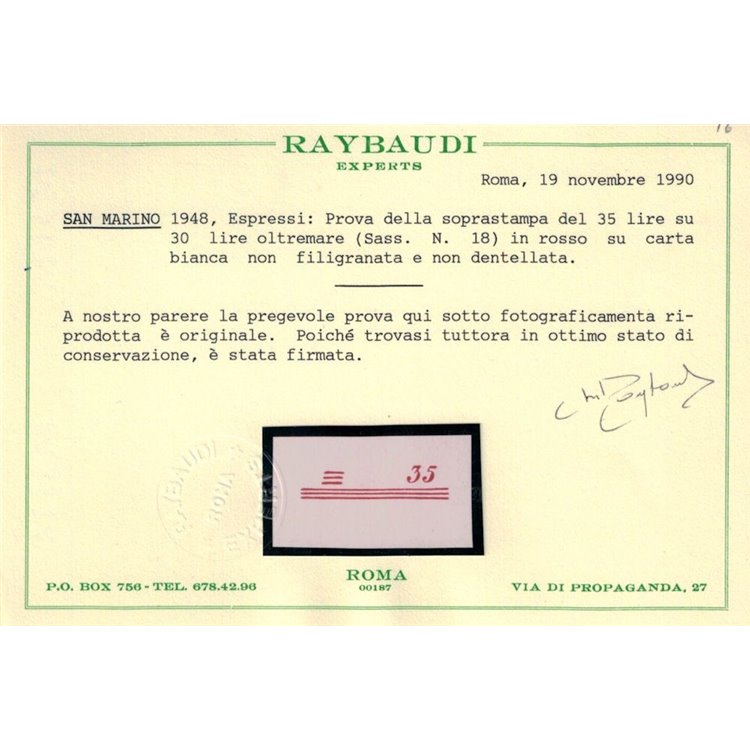 SAN MARINO 1948 Prova di soprastampa espresso ₤ 35 su 30 MNH** ©