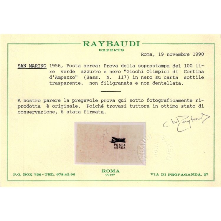 SAN MARINO 1956 Prova di soprastampa Posta aerea ₤ 100 MNH** ©