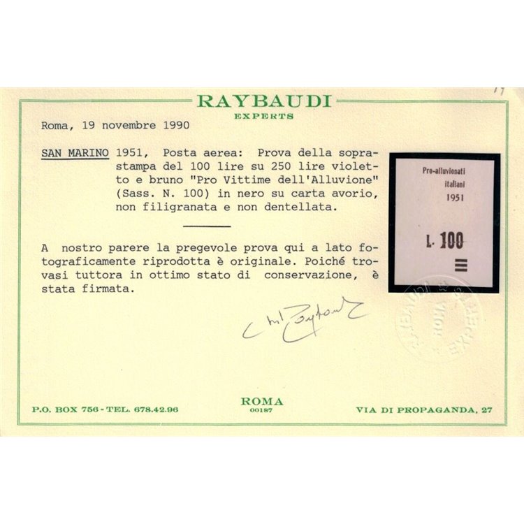 SAN MARINO 1951 Prova di soprastampa ₤ 100 su 250 Pro alluvionati MNH** ©