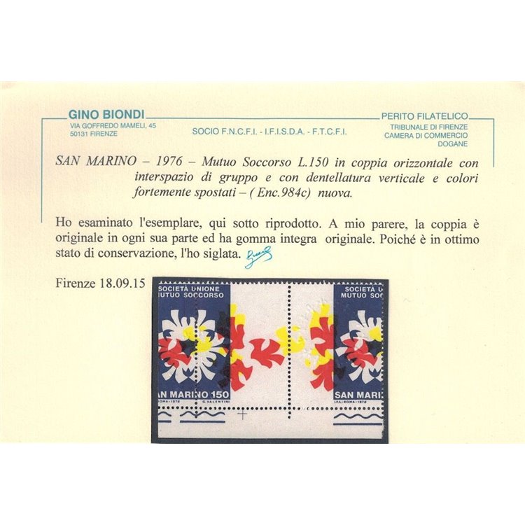 SAN MARINO 1976 Varietà Mutuo Soccorso (dent. e colori spostati) 2v MNH** ©
