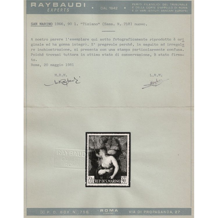 SAN MARINO 1966 Varietà ₤ 90 Tiziano (stampa confusa) MNH** ©