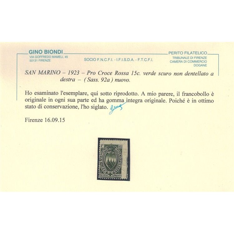 SAN MARINO 1923 Varietà 15c Croce Rossa (nd a dx) MNH** ©