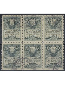 SAN MARINO 1910 Stemma 15c (ottima centratura) blocco di 6 us
