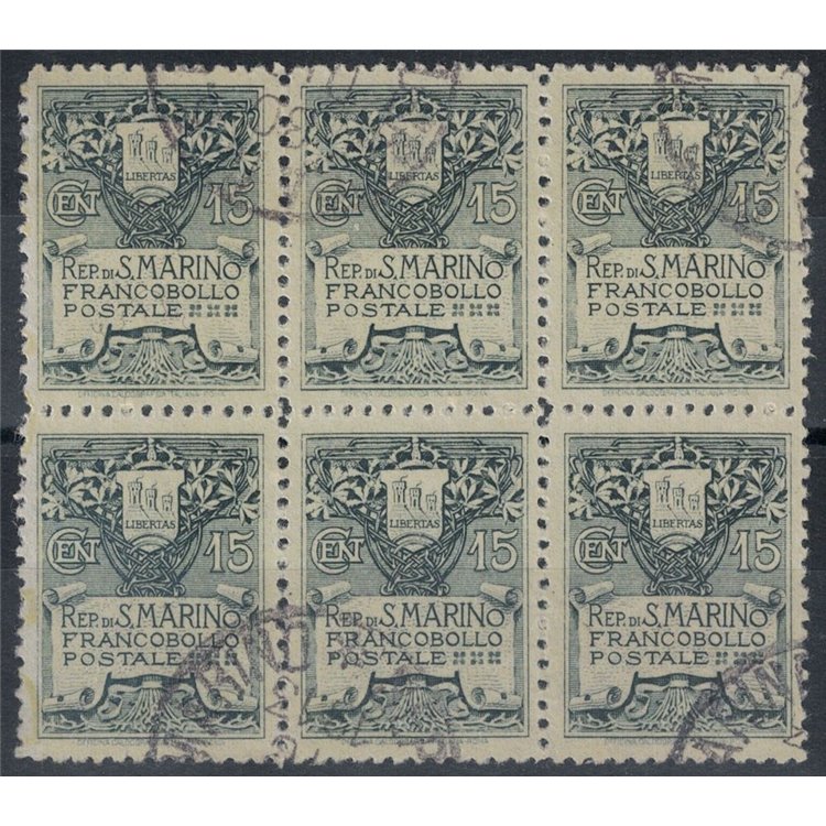 SAN MARINO 1910 Coat of Arms 15c (excellent centering) block of 6 us