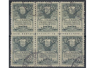 SAN MARINO 1910 Coat of Arms 15c (excellent centering) block of 6 us