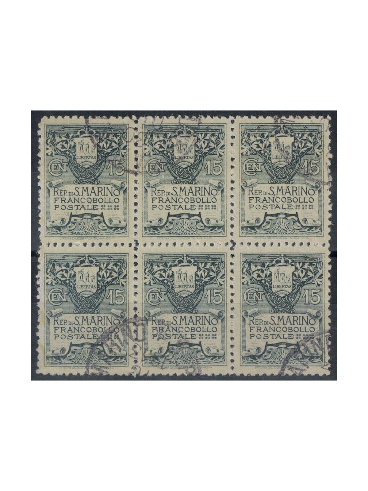 SAN MARINO 1910 Coat of Arms 15c (excellent centering) block of 6 us