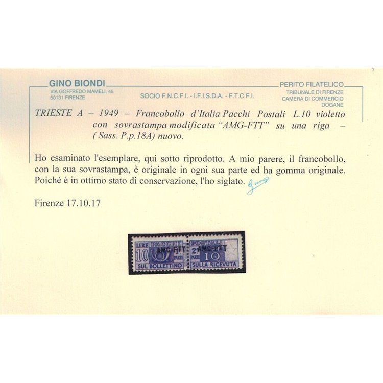 TRIESTE A 1949 Pacchi postali ₤10 (soprast. ravvicinate) MH* ©