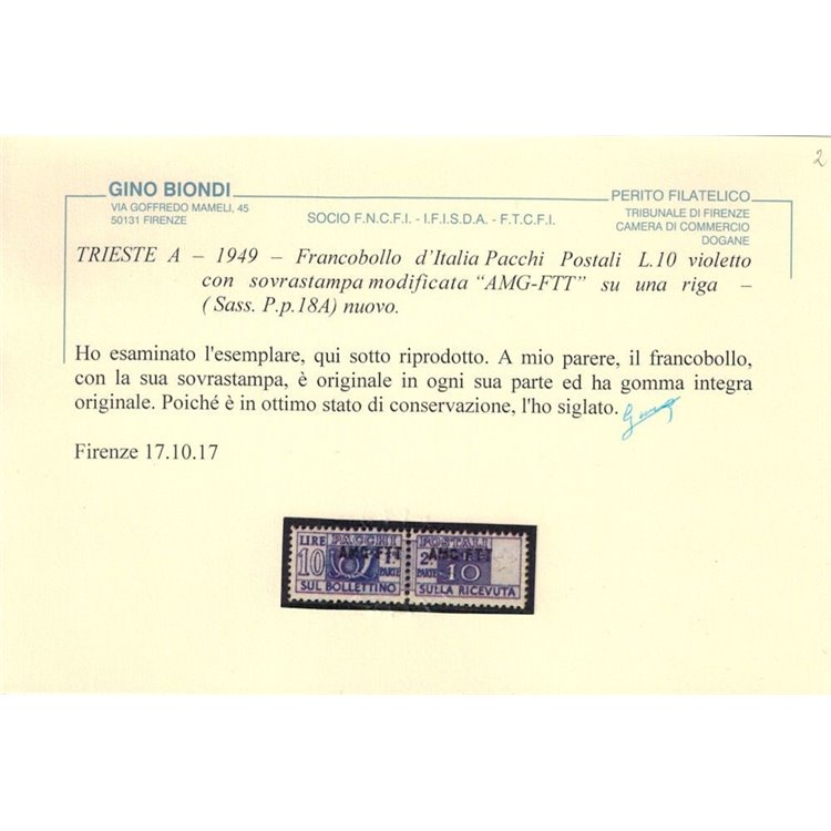 TRIESTE A 1949 Pacchi postali ₤10 (soprast. ravvicinate) MNH** ©