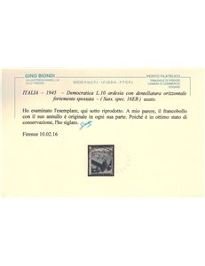 ITALIA 1945 Democratica ₤10 (dent. fort. spostata) us ©