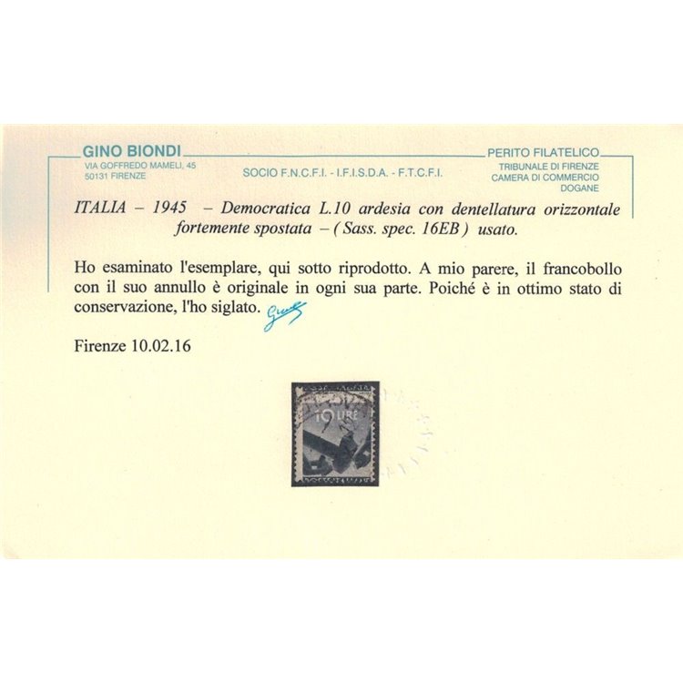 ITALIA 1945 Democratica ₤10 (dent. fort. spostata) us ©