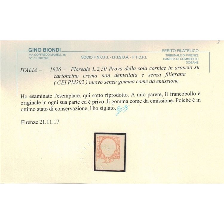 ITALIA REGNO 1926 Floreale ₤ 2,50 Prova cornice MNG ©