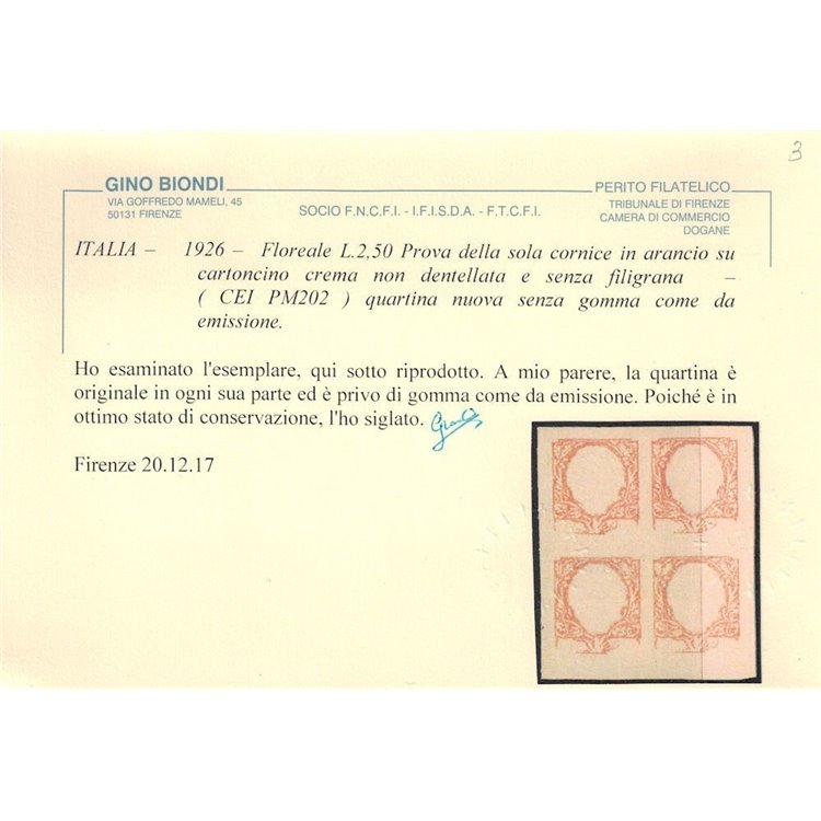 ITALIA REGNO 1926 Floreale ₤ 2,50 Prova cornice (quartina) MNG ©