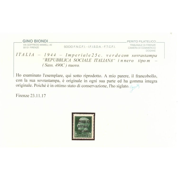 ITALIA RSI 1944 Varietà 25c Imperiale (scambi soprast. in col. div.) MNH** ©