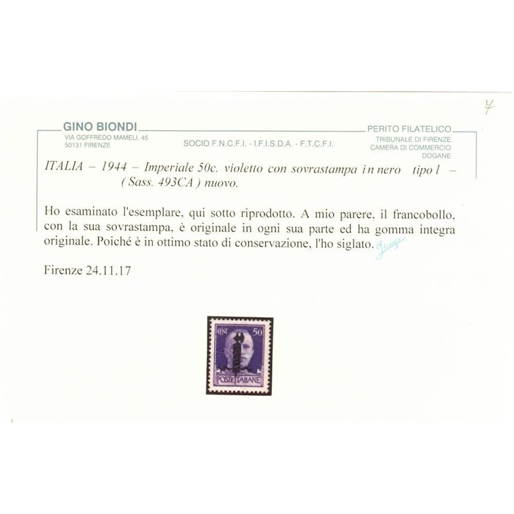 ITALIA RSI 1944 Varietà 50c Imperiale (scambi soprast. fascio nero) MNH** ©