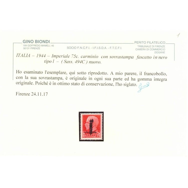 ITALIA RSI 1944 Varietà 75c Imperiale (scambi soprast. fascio nero) MNH** ©