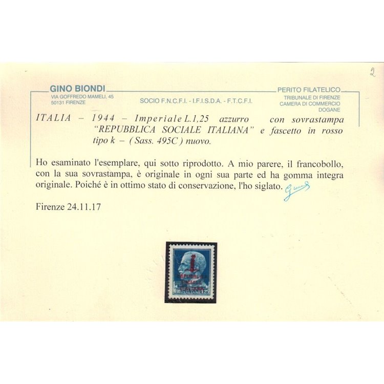 ITALIA RSI 1944 Varietà 1,25₤ Imperiale (scambi soprast. col. div.) MNH** ©