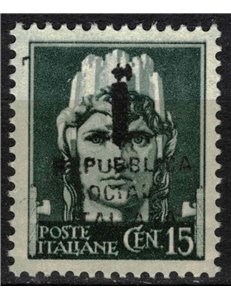 ITALIA RSI 1944 Saggio 15c Imperiale (soprast. fascio e testo) MNH** ©