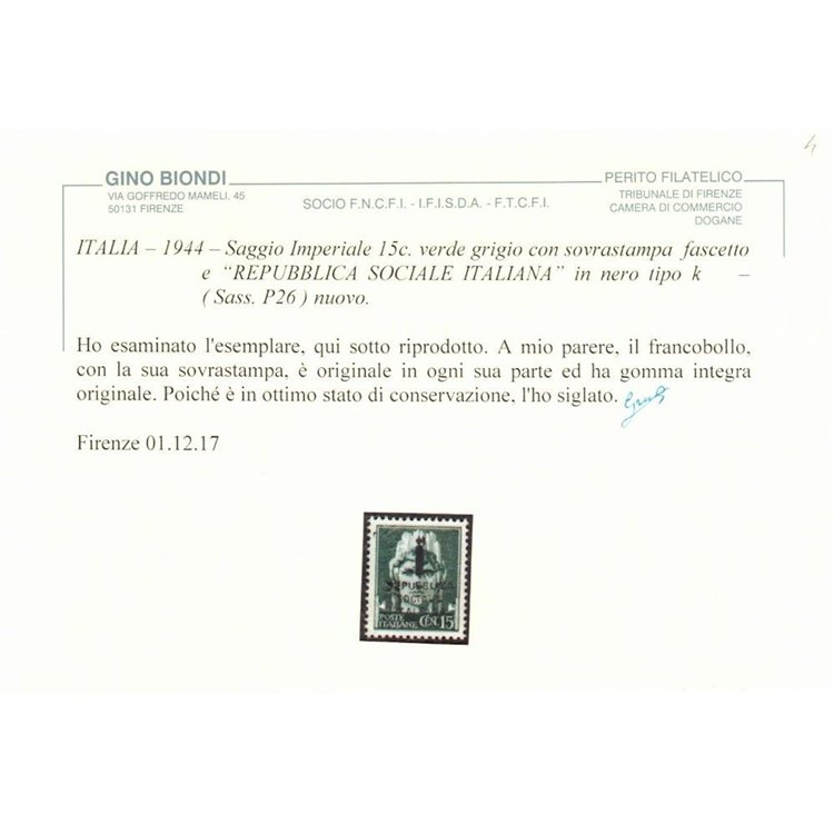 ITALIA RSI 1944 Saggio 15c Imperiale (soprast. fascio e testo) MNH** ©