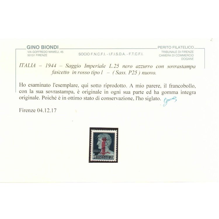 ITALIA RSI 1944 Saggio 25₤ Imperiale (soprast. fascio in rosso) MNH** ©