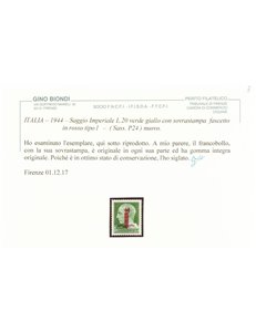 ITALIA RSI 1944 Saggio 20₤ Imperiale (soprast. fascio in rosso) MNH** ©
