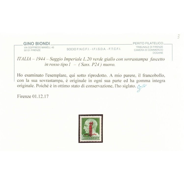 ITALIA RSI 1944 Saggio 20₤ Imperiale (soprast. fascio in rosso) MNH** ©